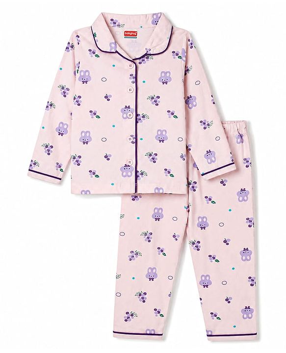 Babyhug Cotton Knit Full Sleeves Bunny Printed Co-ords Shirt & Pyjama Night Suit -Lavender