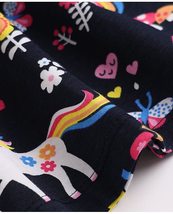 Babyhug Cotton Single Jersey Knit Sleeveless Dress with Unicorn & Floral Print with Bow - Navy Blue