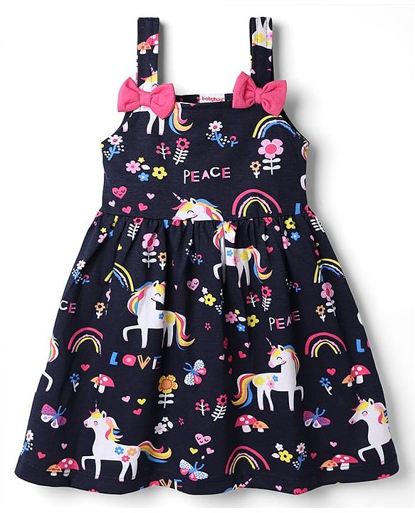 Babyhug Cotton Single Jersey Knit Sleeveless Dress with Unicorn & Floral Print with Bow - Navy Blue