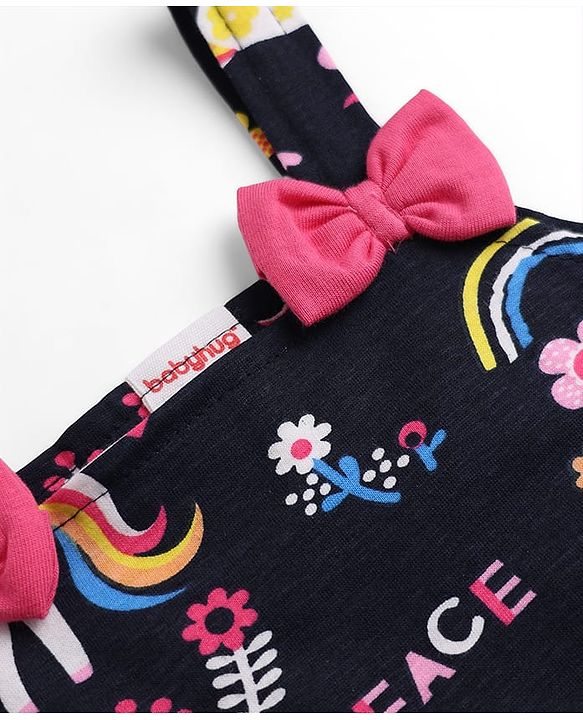 Babyhug Cotton Single Jersey Knit Sleeveless Dress with Unicorn & Floral Print with Bow - Navy Blue