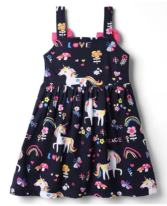 Babyhug Cotton Single Jersey Knit Sleeveless Dress with Unicorn & Floral Print with Bow - Navy Blue