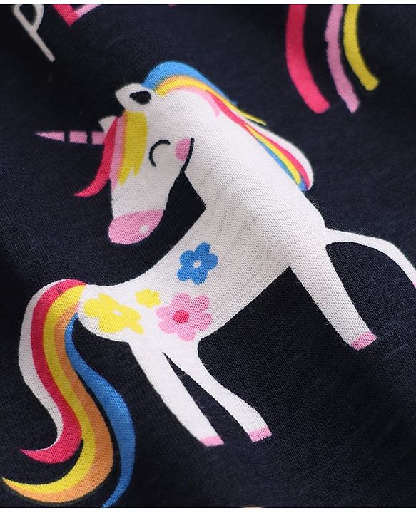 Babyhug Cotton Single Jersey Knit Sleeveless Dress with Unicorn & Floral Print with Bow - Navy Blue