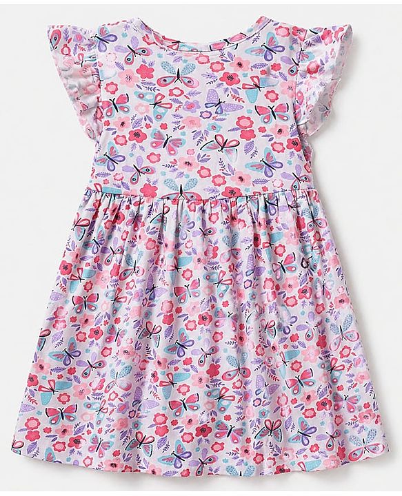 Babyhug Cotton Single Jersey Knee Length Frocks with Frill Sleeves and Butterfly and Floral Print in Pink