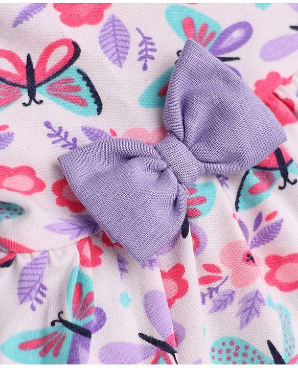 Babyhug Cotton Single Jersey Knee Length Frocks with Frill Sleeves and Butterfly and Floral Print in Pink