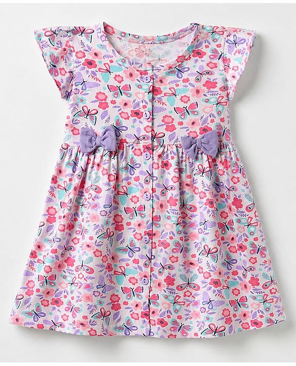 Babyhug Cotton Single Jersey Knee Length Frocks with Frill Sleeves and Butterfly and Floral Print in Pink