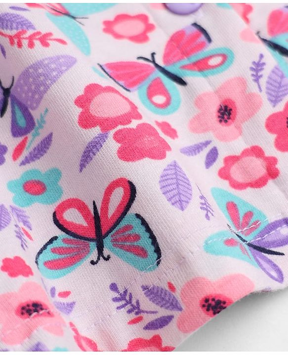 Babyhug Cotton Single Jersey Knee Length Frocks with Frill Sleeves and Butterfly and Floral Print in Pink