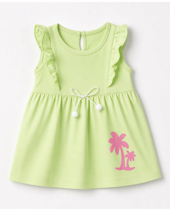 Babyhug 100% Cotton Single Jersey Knit One Piece Dress with Sleeveless and Tropical Print - Green