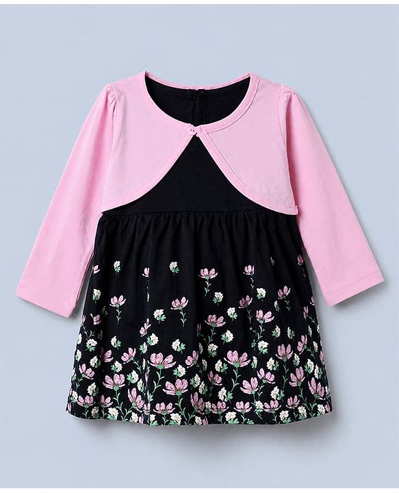 Babyhug Cotton Knit Full Sleeves Frock with Jacket and Floral Print in Navy Blue for 3-6 Months