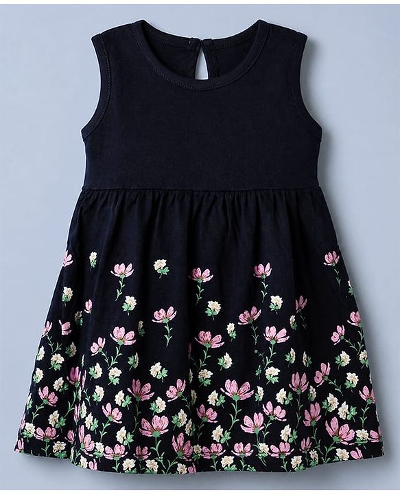 Babyhug Cotton Knit Full Sleeves Frock with Jacket and Floral Print in Navy Blue for 3-6 Months