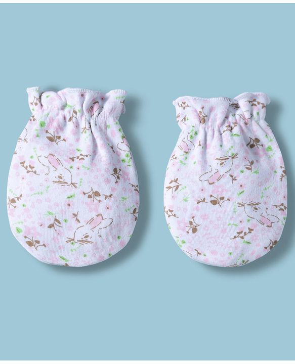 Babyhug 100% Cotton Interlock Knit Mittens & Booties With Floral & Bunny Print - Multicolor
