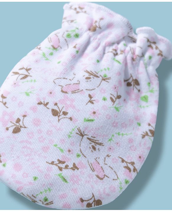 Babyhug 100% Cotton Interlock Knit Mittens & Booties With Floral & Bunny Print - Multicolor