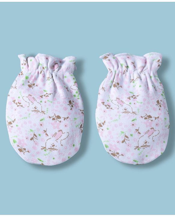 Babyhug 100% Cotton Interlock Knit Mittens & Booties With Floral & Bunny Print - Multicolor