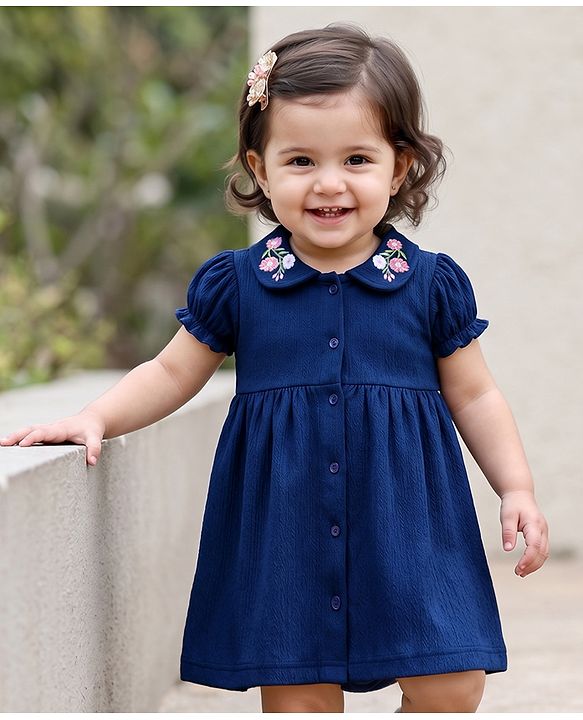Babyhug Cotton Knit Half Sleeves Floral Embroidered Frock With Bloomer - Navy Blue