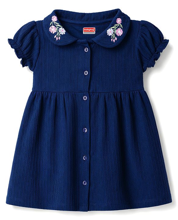 Babyhug Cotton Knit Half Sleeves Floral Embroidered Frock With Bloomer - Navy Blue