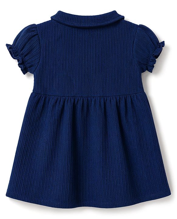Babyhug Cotton Knit Half Sleeves Floral Embroidered Frock With Bloomer - Navy Blue