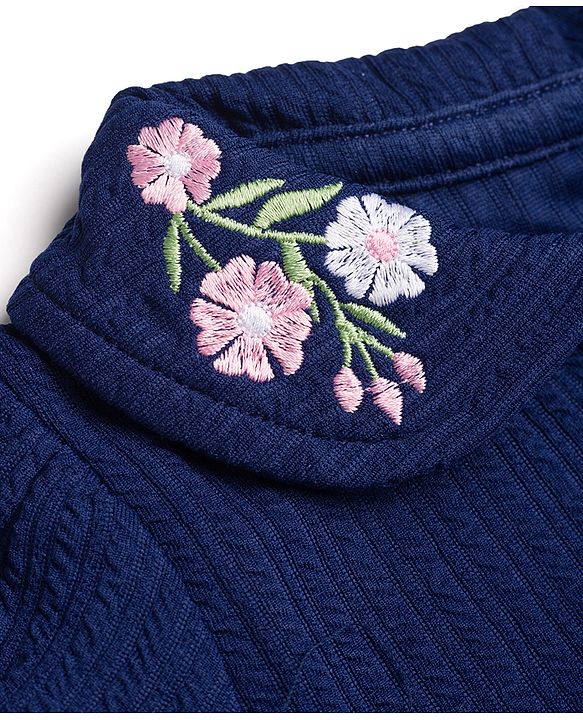 Babyhug Cotton Knit Half Sleeves Floral Embroidered Frock With Bloomer - Navy Blue