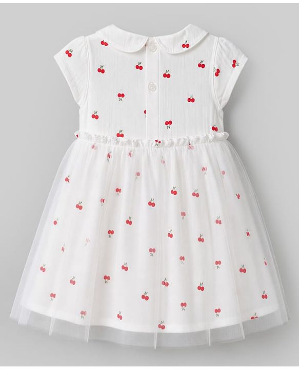 Babyhug 100% Cotton Mesh Knit Half Sleeves Frock with Cherry Print & Net Detailing - White