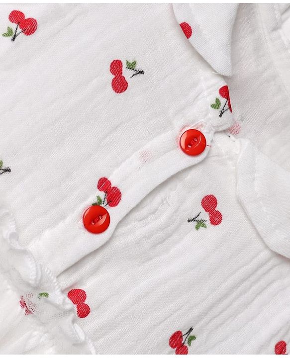 Babyhug 100% Cotton Mesh Knit Half Sleeves Frock with Cherry Print & Net Detailing - White