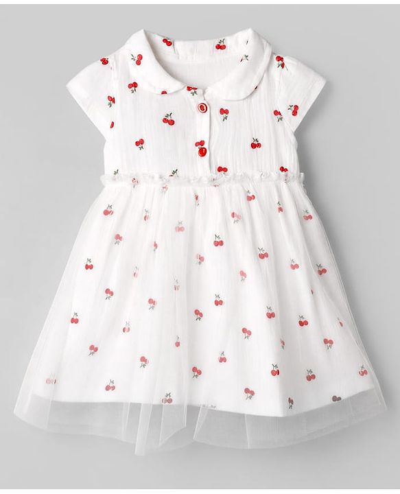 Babyhug 100% Cotton Mesh Knit Half Sleeves Frock with Cherry Print & Net Detailing - White