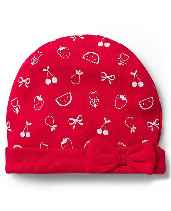 Babyhug 100% Cotton Knit Cap Mittens & Booties with Fruit Print Red - Diameter 8 cm