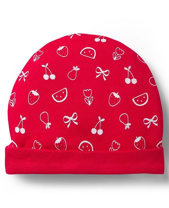 Babyhug 100% Cotton Knit Cap Mittens & Booties with Fruit Print Red - Diameter 8 cm
