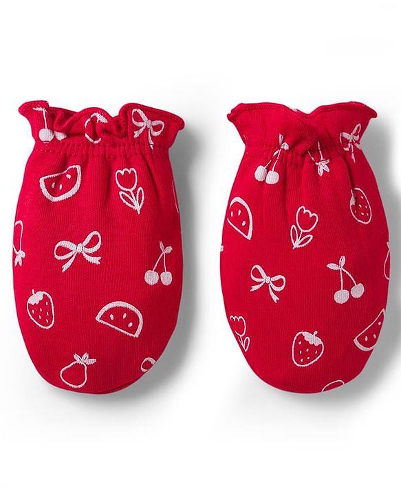 Babyhug 100% Cotton Knit Cap Mittens & Booties with Fruit Print Red - Diameter 8 cm