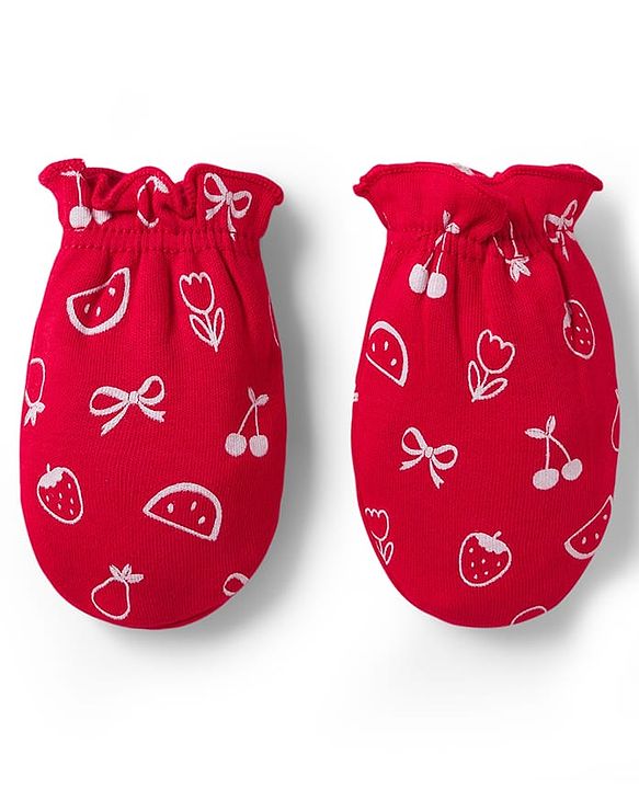 Babyhug 100% Cotton Knit Cap Mittens & Booties with Fruit Print Red - Diameter 8 cm
