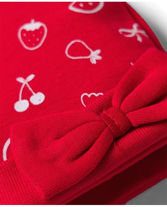 Babyhug 100% Cotton Knit Cap Mittens & Booties with Fruit Print Red - Diameter 8 cm