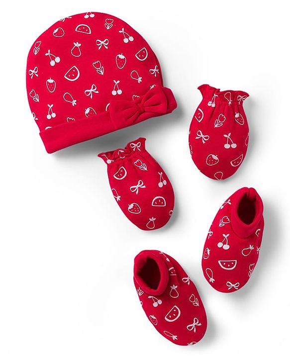 Babyhug 100% Cotton Knit Cap Mittens & Booties with Fruit Print Red - Diameter 8 cm