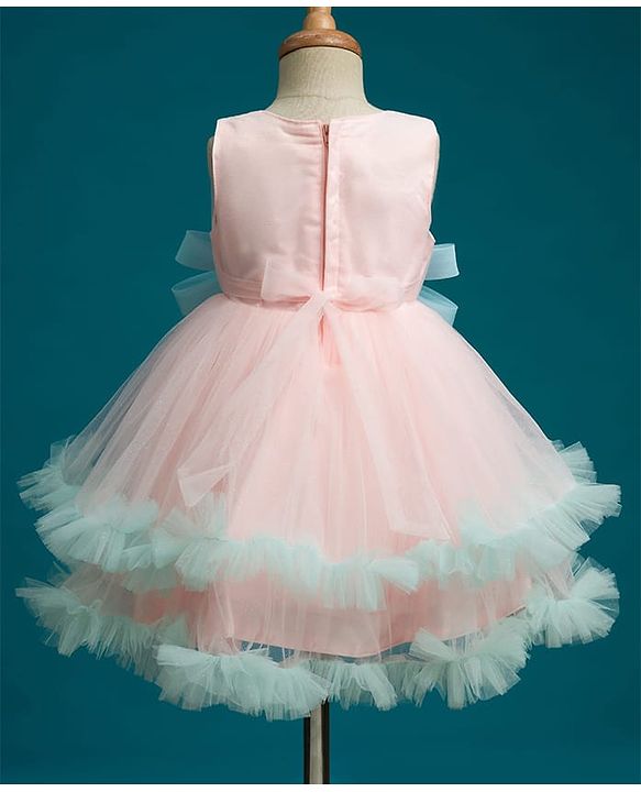 Babyhug Mesh Woven Sleeveless 5 Layered Party Wear Dress With Floral Applique - Peach