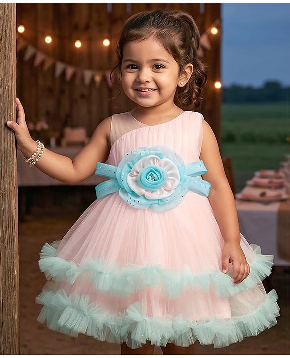 Babyhug Mesh Woven Sleeveless 5 Layered Party Wear Dress With Floral Applique - Peach