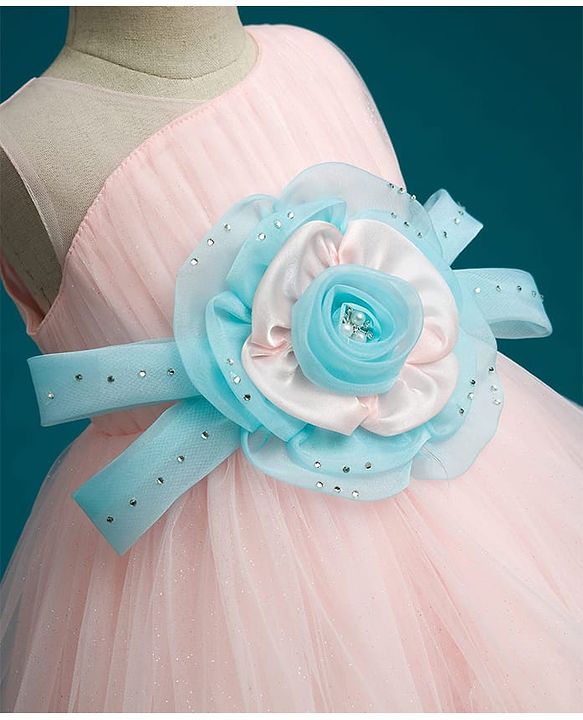 Babyhug Mesh Woven Sleeveless 5 Layered Party Wear Dress With Floral Applique - Peach