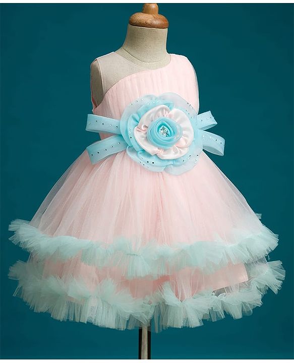 Babyhug Mesh Woven Sleeveless 5 Layered Party Wear Dress With Floral Applique - Peach
