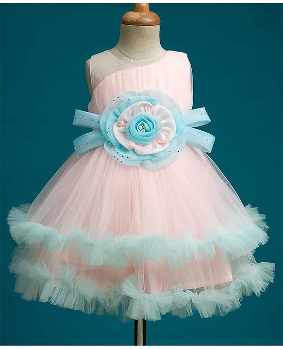 Babyhug Mesh Woven Sleeveless 5 Layered Party Wear Dress With Floral Applique - Peach