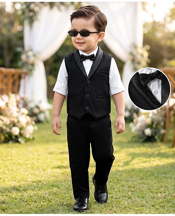 Babyhug Knit Full Sleeves Solid Color 3 Piece Party Suit with Bow & Rhinestone Detailing - Black