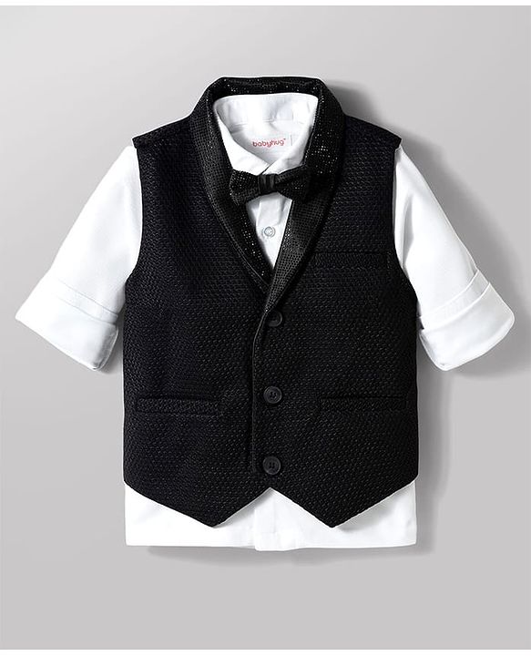 Babyhug Knit Full Sleeves Solid Color 3 Piece Party Suit with Bow & Rhinestone Detailing - Black