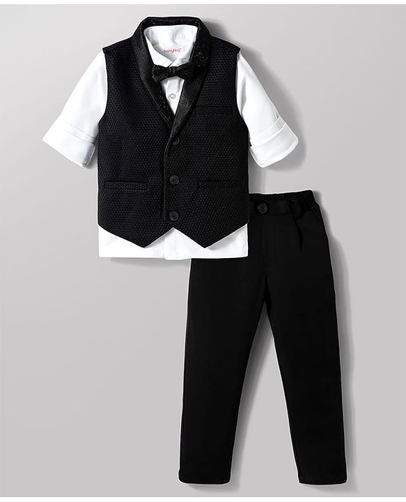 Babyhug Knit Full Sleeves Solid Color 3 Piece Party Suit with Bow & Rhinestone Detailing - Black