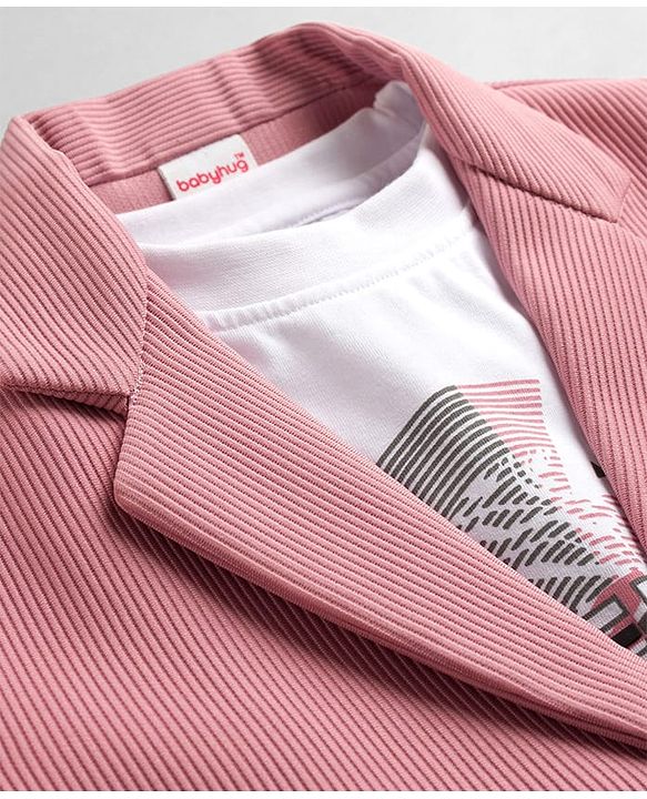 Babyhug Knit Full Sleeves Solid Color Party Wear Blazer With Graphic Printed T-Shirt - Light Pink