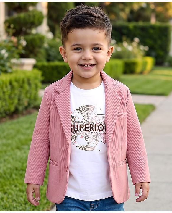 Babyhug Knit Full Sleeves Solid Color Party Wear Blazer With Graphic Printed T-Shirt - Light Pink