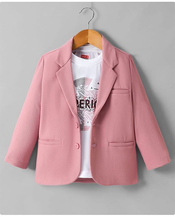 Babyhug Knit Full Sleeves Solid Color Party Wear Blazer With Graphic Printed T-Shirt - Light Pink