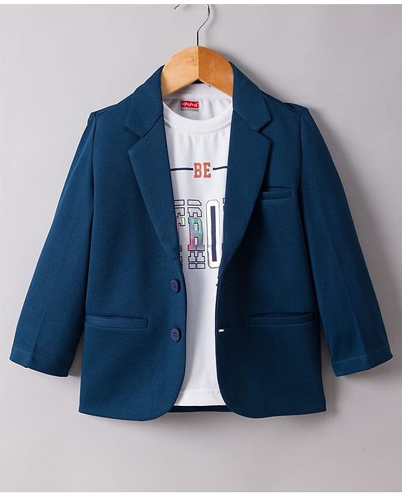 Babyhug Knit Full Sleeves Party Wear Blazer With Graphic Printed T-Shirt - Navy Blue
