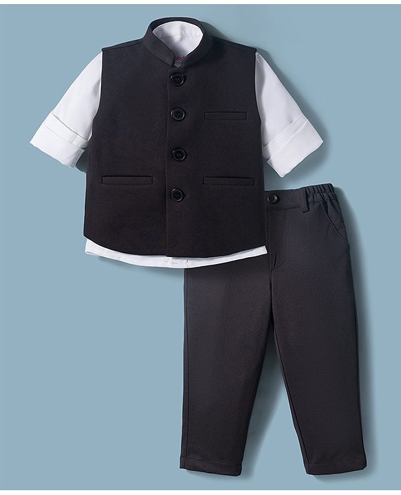 Babyhug Knit Full Sleeves Solid 3 Piece Party Suit with Stretchabale Waistcoat & Bow - Black & White