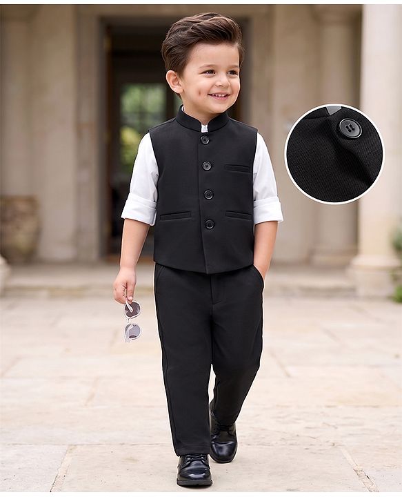 Babyhug Knit Full Sleeves Solid 3 Piece Party Suit with Stretchabale Waistcoat & Bow - Black & White