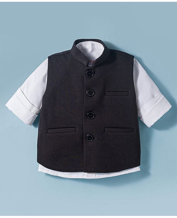 Babyhug Knit Full Sleeves Solid 3 Piece Party Suit with Stretchabale Waistcoat & Bow - Black & White