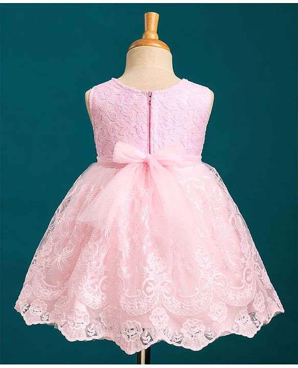 Babyhug Mesh Woven Sleeveless Party Dress With Floral Lace Detailing & Bow Applique - Light Pink