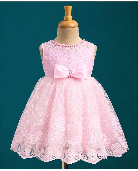 Babyhug Mesh Woven Sleeveless Party Dress With Floral Lace Detailing & Bow Applique - Light Pink
