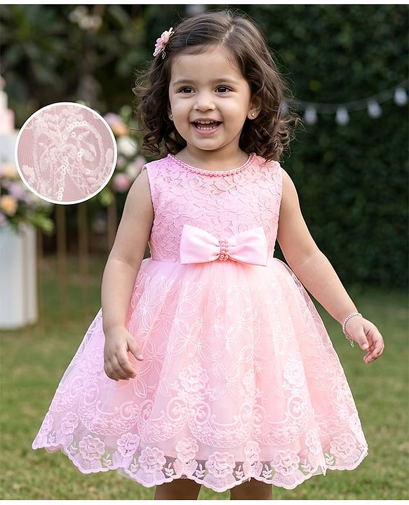 Babyhug Mesh Woven Sleeveless Party Dress With Floral Lace Detailing & Bow Applique - Light Pink