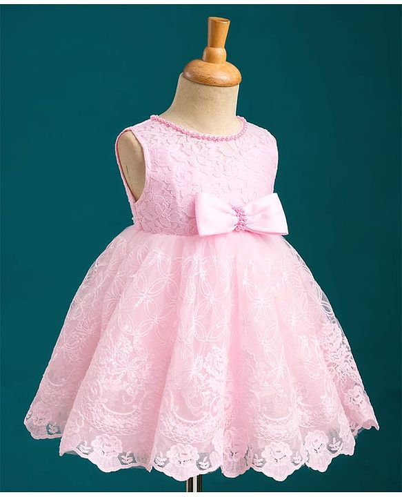 Babyhug Mesh Woven Sleeveless Party Dress With Floral Lace Detailing & Bow Applique - Light Pink