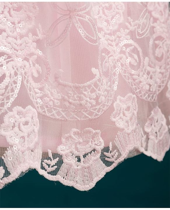 Babyhug Mesh Woven Sleeveless Party Dress With Floral Lace Detailing & Bow Applique - Light Pink