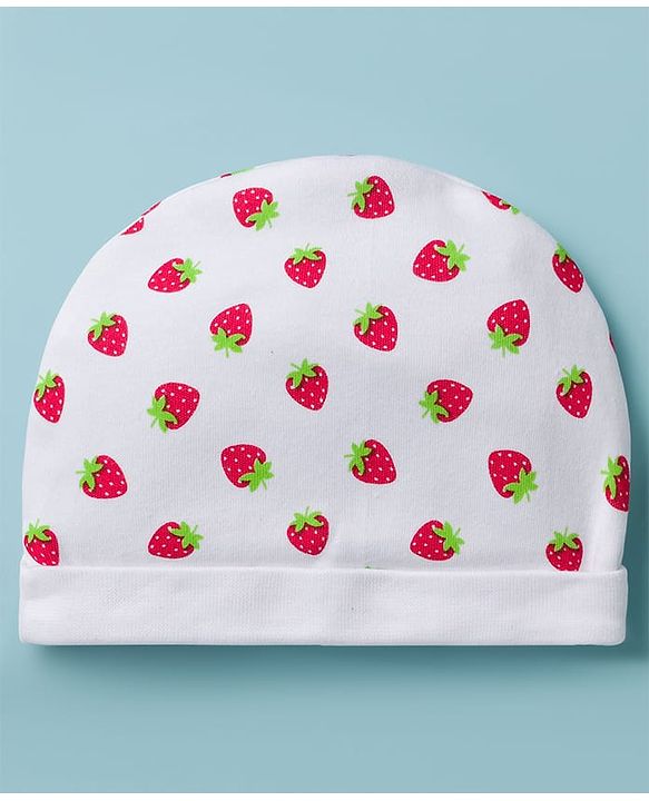 Babyhug 100% Cotton Knit Cap Mittens & Booties with Strawberry Print Multicolor - Diameter 8 cm